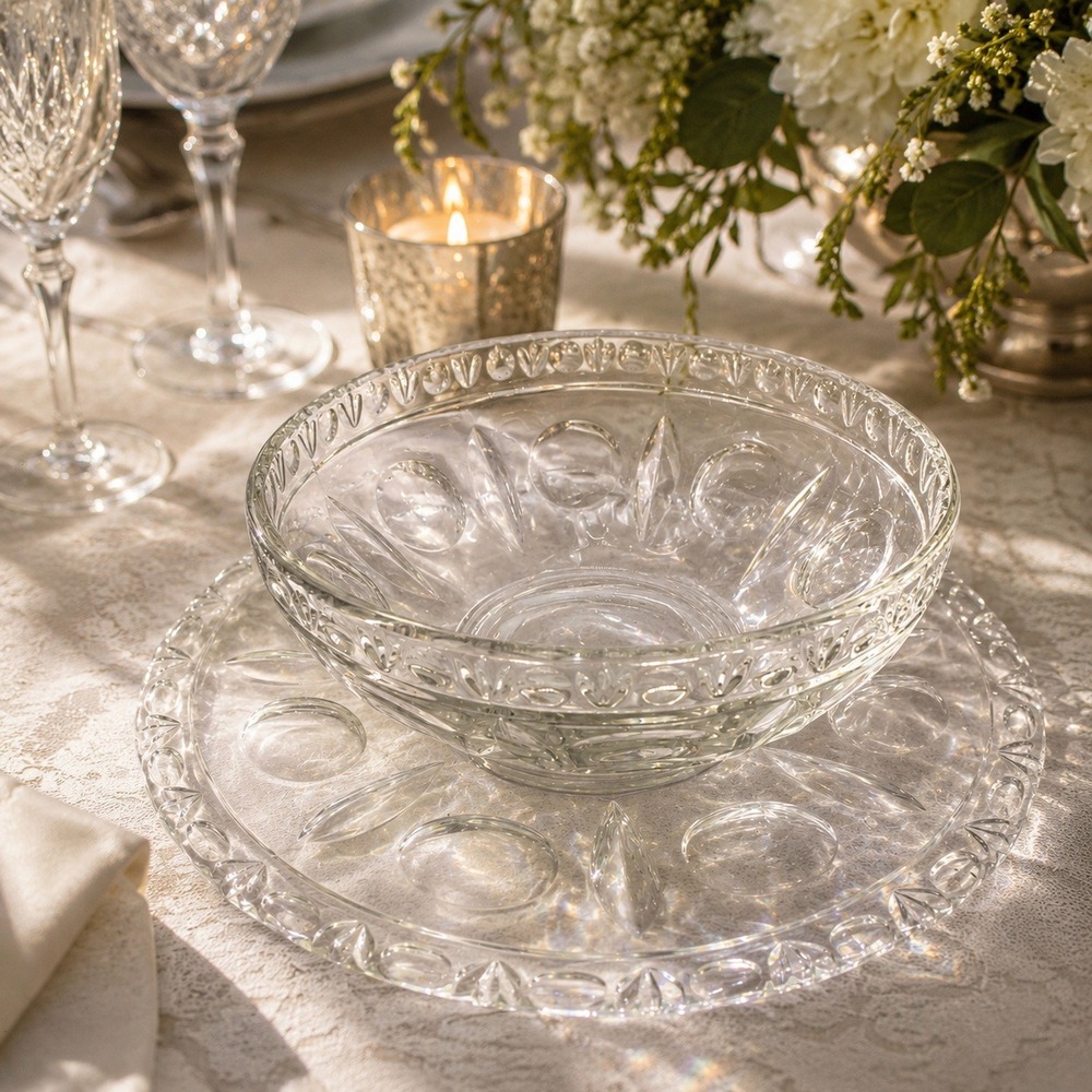 Vintage Lancaster Colony Ollie & Ball Glass Serving Bowl Platter Set